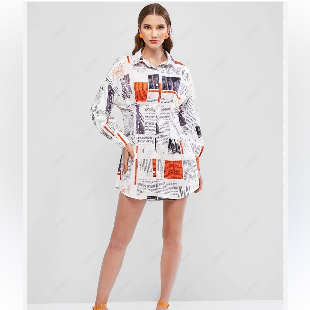 Ladies Large Multicolor Long Sleeve Slit Sides Button Up Shirt Dress.